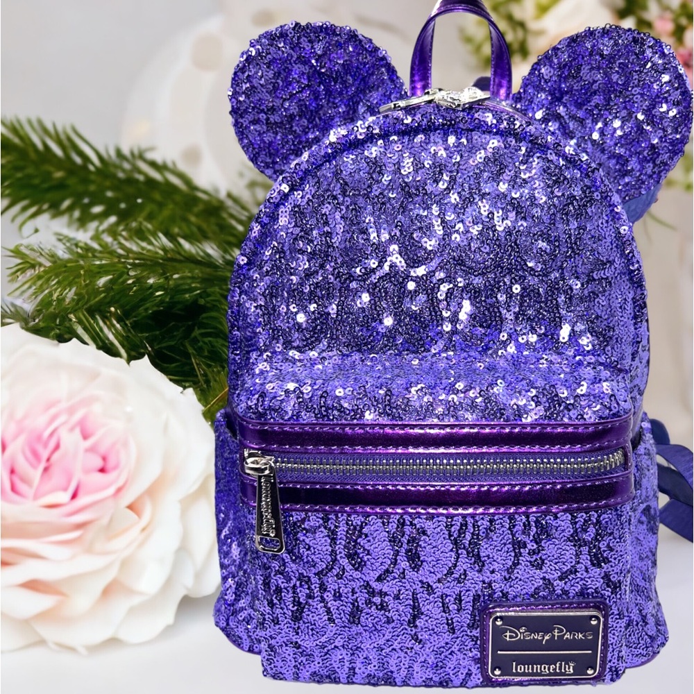 Loungefly Disney Parks Purple Potion Sequin Backpack & Matching Zip Wallet